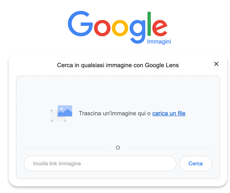Dialogo Google Lens ricerca inversa immagini con opzioni caricamento