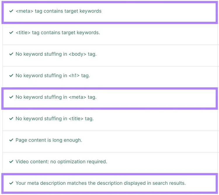 On Page SEO Checker ha rilevato che "il meta tag contiene parole chiave target" e "nessun keyword stuffing nel meta tag"