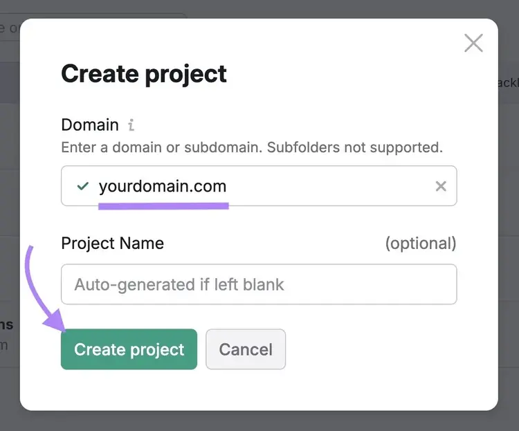 La finestra "Crea progetto" su Semrush con un dominio inserito e il pulsante "Crea progetto" cliccato.