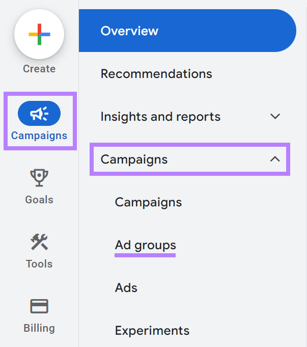 navigando verso "Gruppi di annunci" nell'account Google Ads