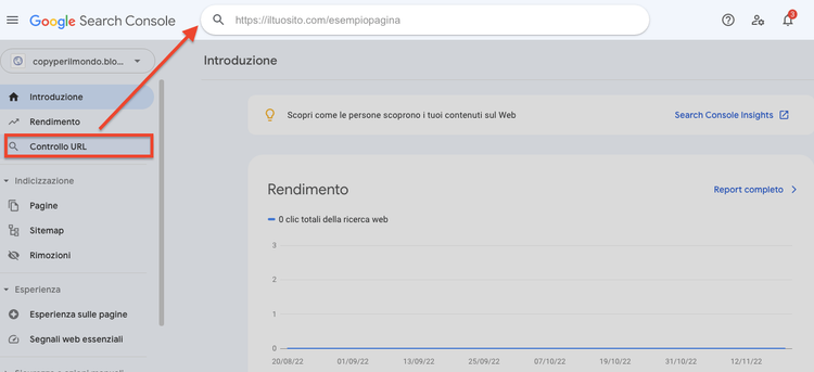 Google Search Console Controllo URL sidebar evidenziato