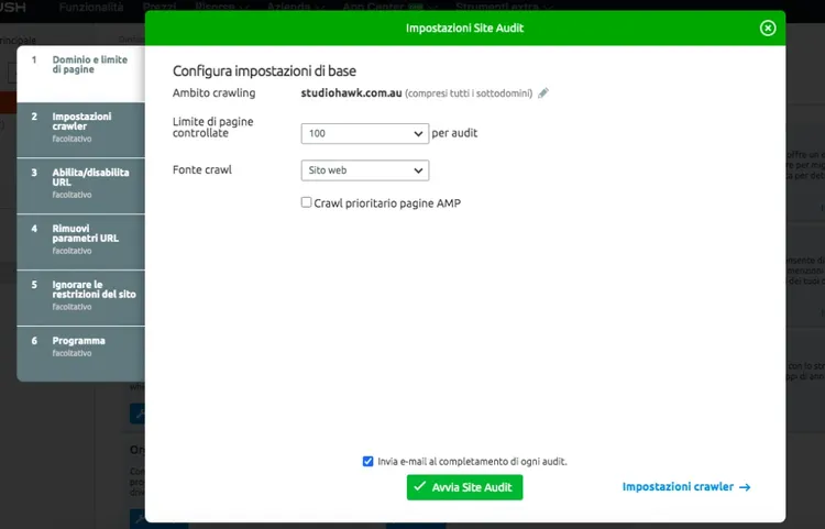 Site Audit setup modal: configurazione crawling limite pagine