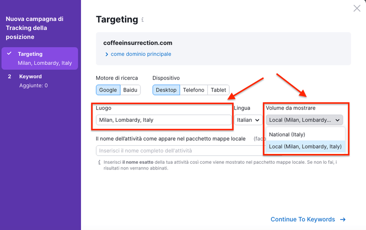 Semrush Position Tracking location targeting for Milano