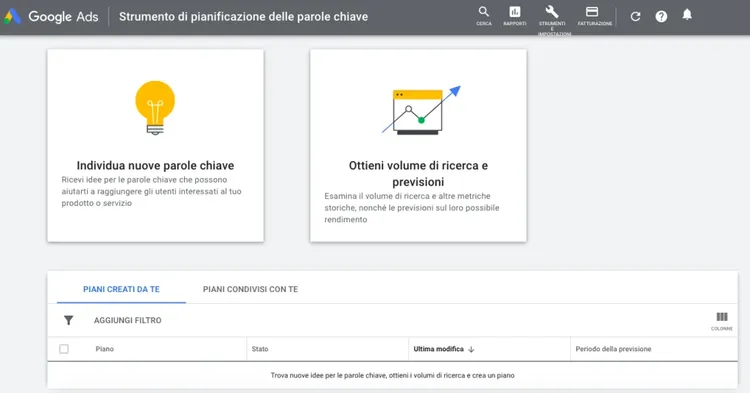 Google Keyword Planner con opzioni Individua parole chiave e Ottieni volumi ricerca