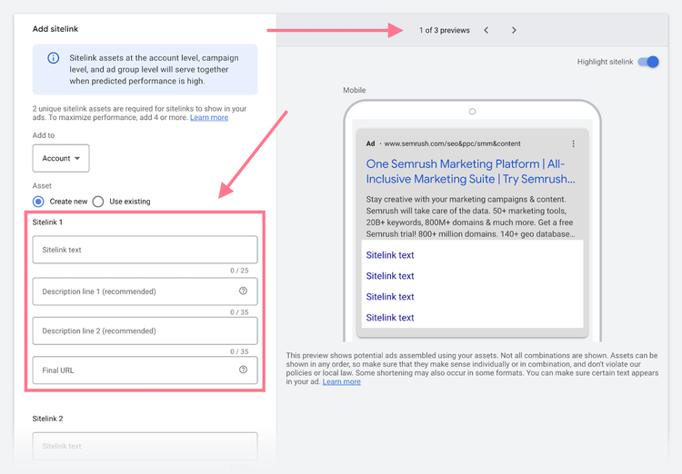 crea il sitelink compilando la scheda