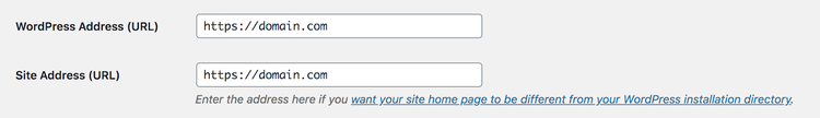 WordPress Impostazioni indirizzi: WordPress Address e Site Address fields