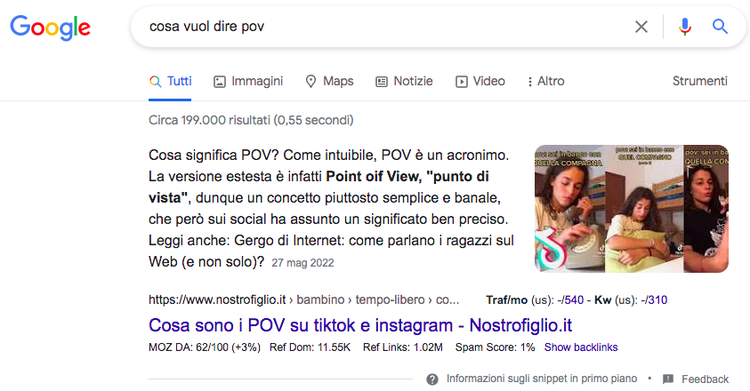 Risultato ricerca cosa significa POV con featured snippet