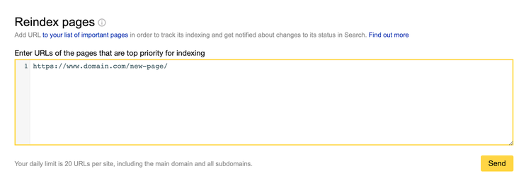 Google Search Console Reindex pages quota 20 URL giornalieri