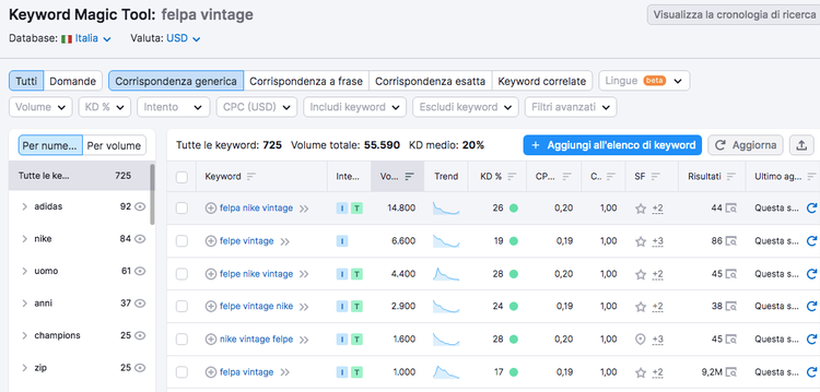 Keyword Magic Tool table showing multiple keyword variants