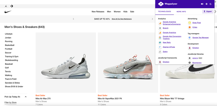 Nike website Wappalyzer technologies detected