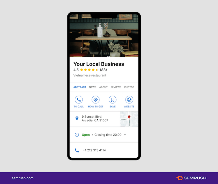 Scheda Google Business Profile mobile ristorante vietnamita 4.5 stelle