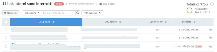 trovare link interni interrrotti con site audit e fare un redirect