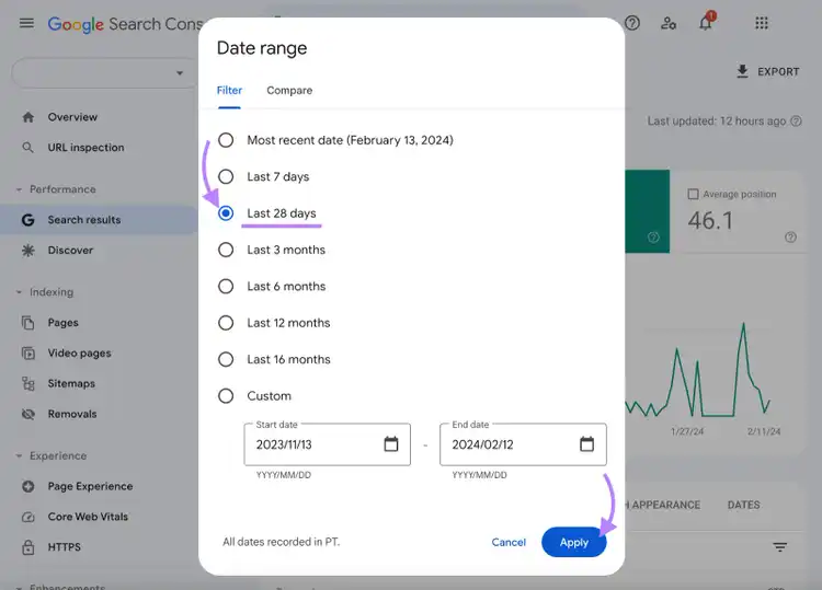 Finestra pop-up "Intervallo di date" in Google Search Console