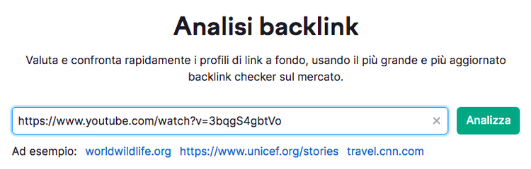 Analisi Backlink interfaccia con URL input e domini esempio
