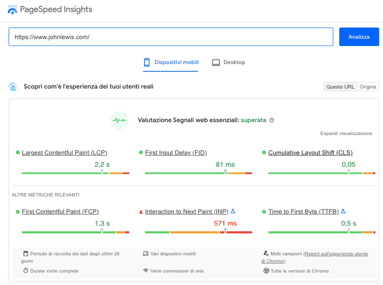 PageSpeed Insights risultati: LCP 2.2s, FID 81ms, CLS 0.05