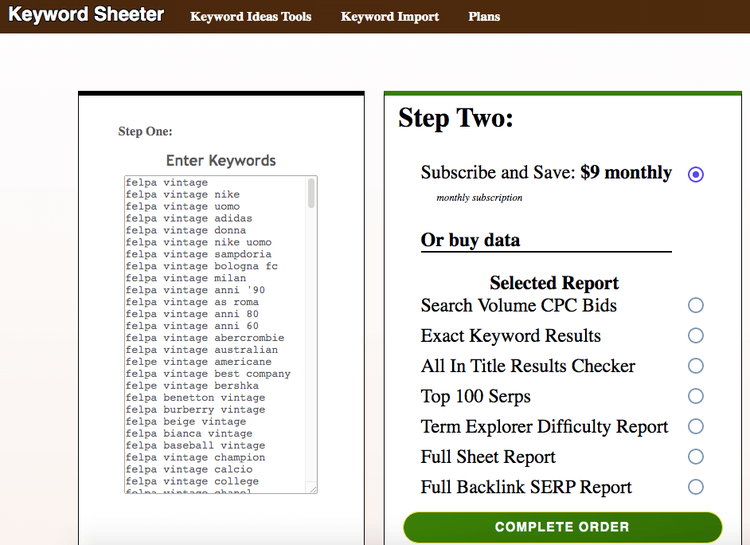 Keyword Sheeter Step One and Step Two subscription options