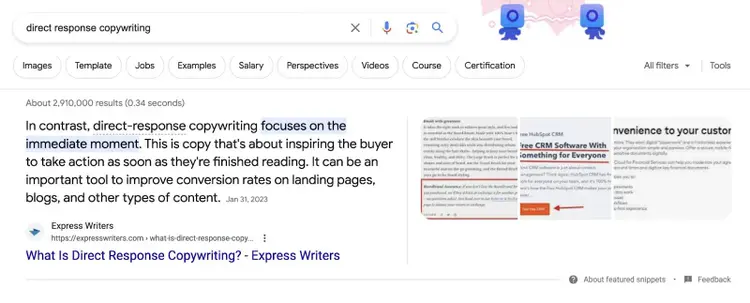 Un frammento in evidenza nella SERP di Google per la query "di copywriting a risposta diretta"