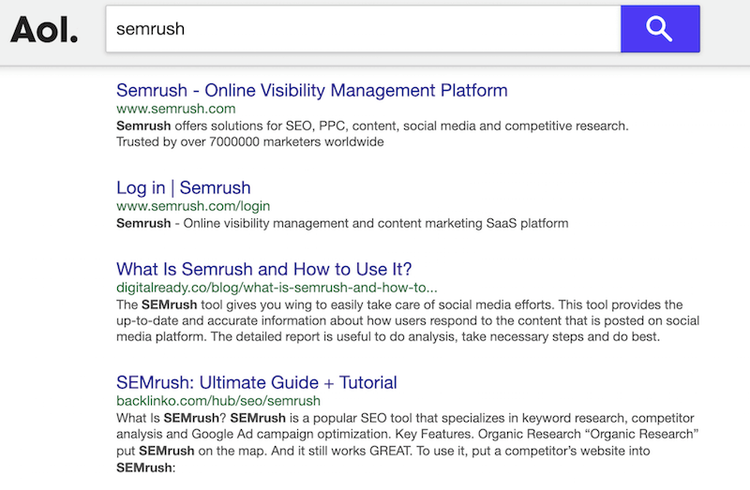 AOL: risultati ricerca 'semrush' con descrizione piattaforma e link accesso