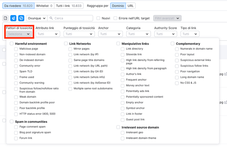 Semrush Backlink Audit con filtri per valutare link tossici