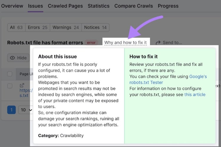 Finestra "Perché e come risolverlo" per il file robots.txt nello strumento Site Audit