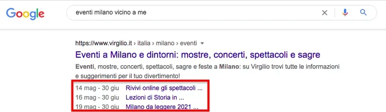 Rich snippet risultato ricerca Google 'eventi milano' con data e titoli evidenziati