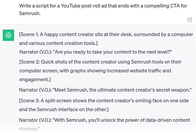 Un nuovo prompt che chiede a ChatGPT di scrivere uno script per un annuncio post-roll di YouTube