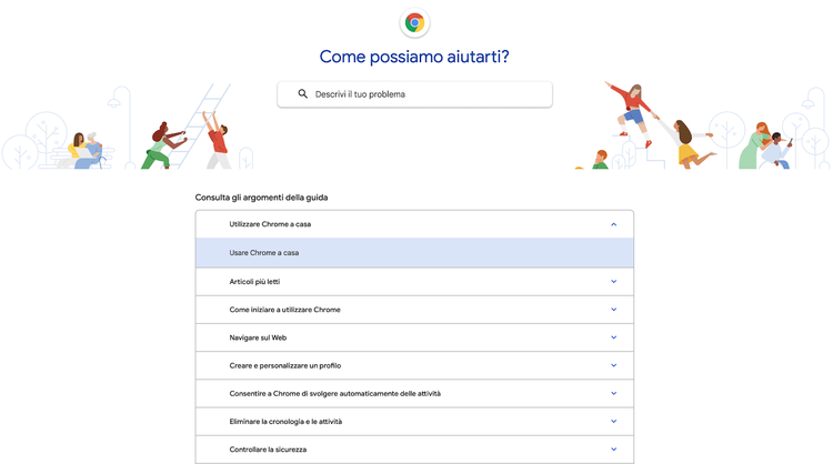 Google Help: 'Come possiamo aiutarti?' con ricerca e categorie espandibili