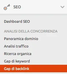 Menu SEO: Gap di backlink evidenziato tra gli strumenti disponibili