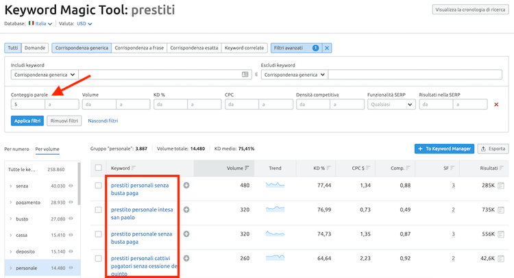 esempio keyword con più di 5 parole
