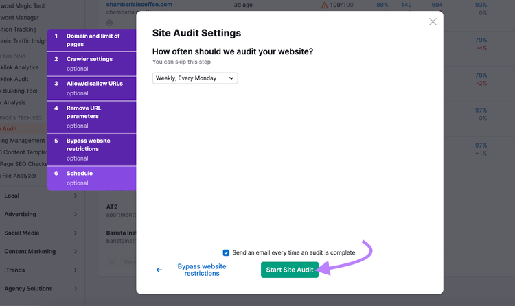 "Pulsante "Avvia la verifica del sito