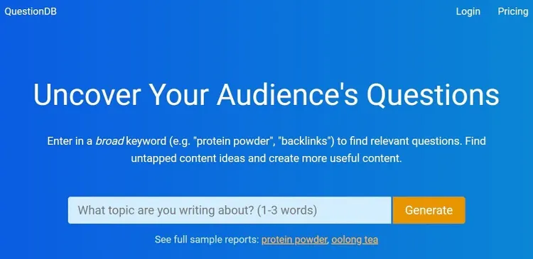 Homepage di QuestionDB con il titolo "Scopri le domande del tuo pubblico".
