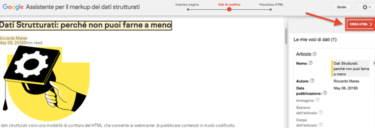 Google Assistente markup dati strutturati con pulsante CREA HTML