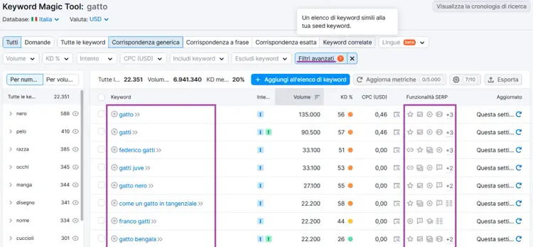 Tabella Keyword Magic Tool con colonna Funzionalità SERP evidenziata in rosso