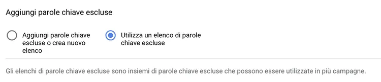 Google Ads: scelta modalità parole chiave escluse, radio button singolo vs elenco
