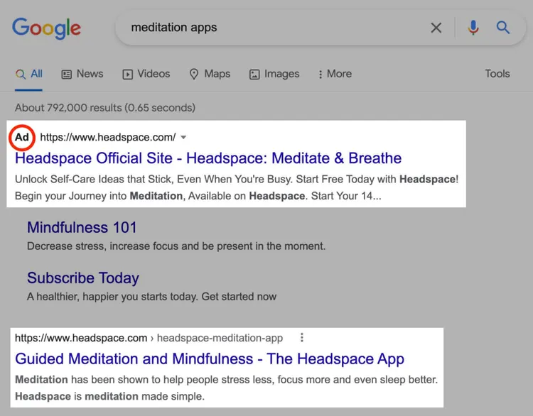 paid and organic results for "meditation apps"