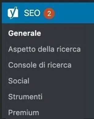 Yoast SEO menu showing Generale, Social, Strumenti