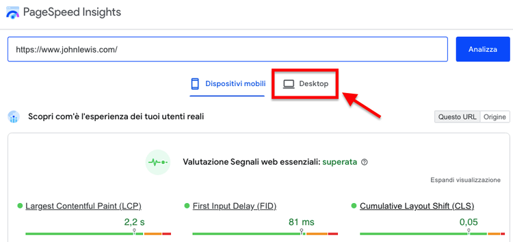 PageSpeed Insights tab Desktop evidenziato viewport device