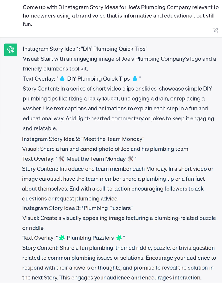 Un prompt che chiede a ChatGPT di proporre 3 idee per le storie di Instagram
