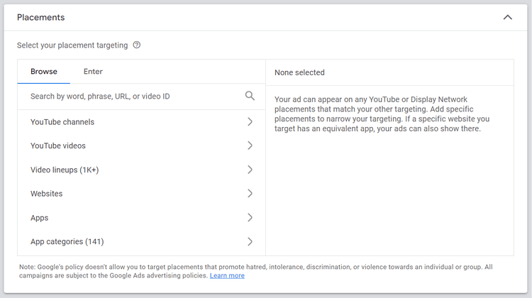 Sezione Posizionamenti nelle impostazioni di Google Ads