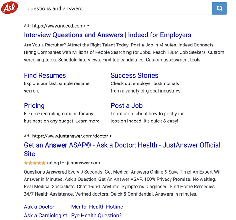 Ask.com: risultati ricerca 'domande e risposte' con annunci Indeed e servizi