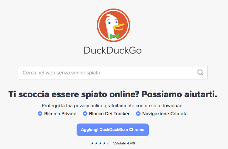 DuckDuckGo homepage: logo, ricerca anonima, privacy feature, estensione Chrome