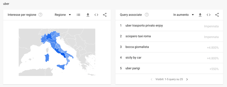 Google Trends: mappa geografica interessi 'uber' Italia con regioni