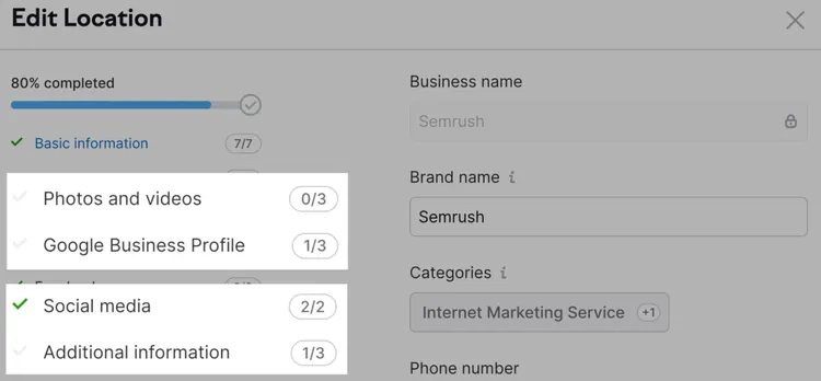 Dialogo Edit Location con sezioni Basic Information e Social media