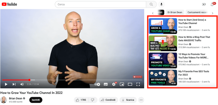 YouTube recommended videos sidebar panel showing suggested content section