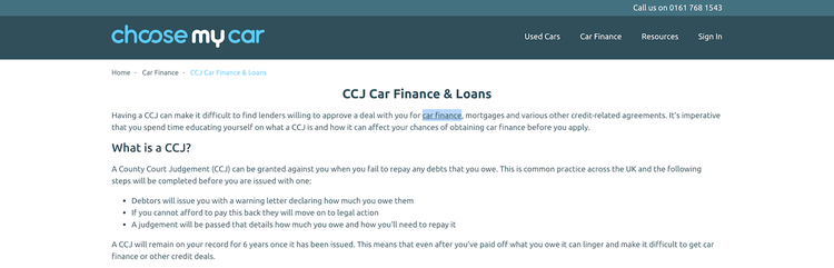 Pagina articolo CCJ Car Finance con testo e link ipertestuali