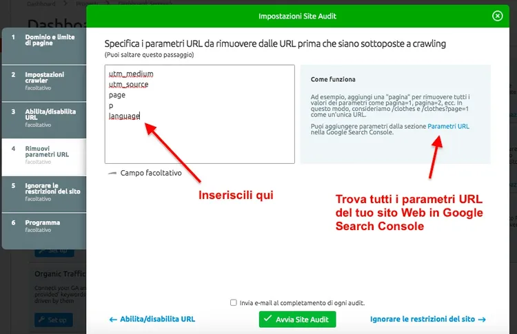 Site Audit Specifica parametri URL dialog for removing URL parameters