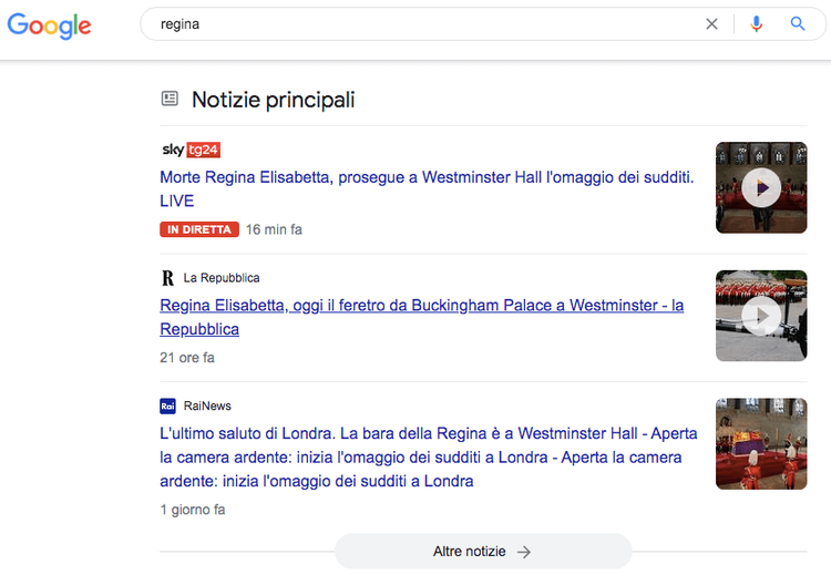 Google Notizie risultati principali Regina Elisabetta articoli