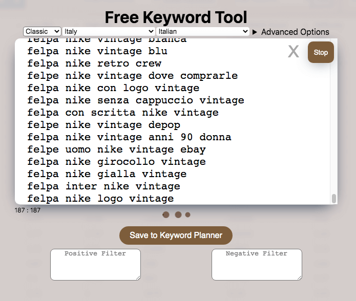 Free Keyword Tool showing variations for felpa nike vintage