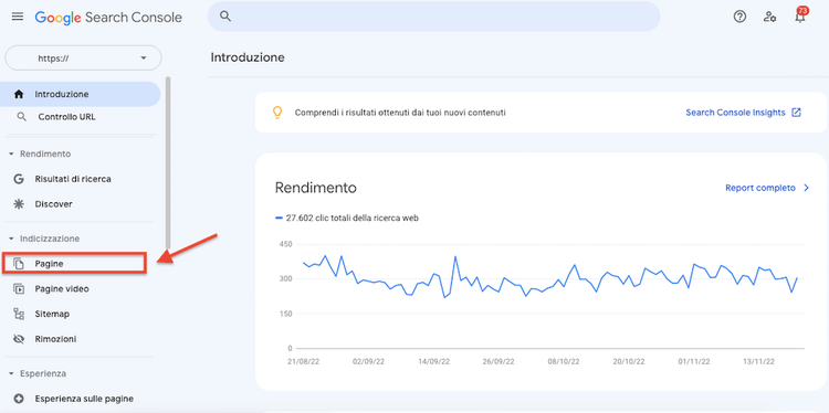 Google Search Console menu laterale Pagine sezione evidenziata