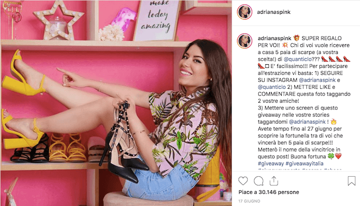 Il giveaway lanciato su Instagram da Adrianaspink